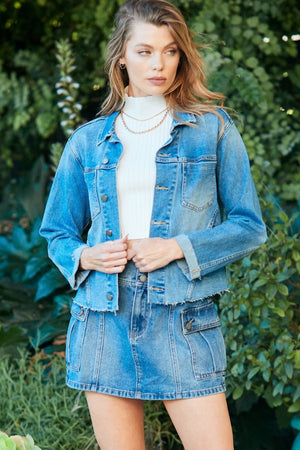 Veveret Button Up Raw Hem Denim Jacket-Teresa's Fashionista LLC