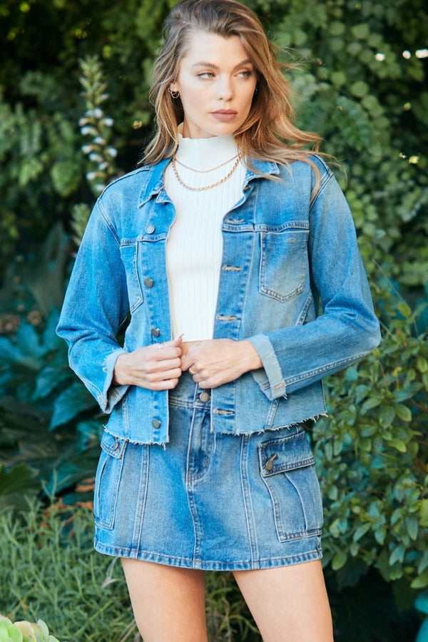 Veveret Button Up Raw Hem Denim Jacket-Teresa's Fashionista LLC