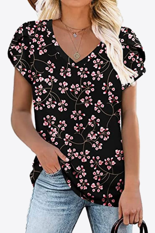 Printed Petal Sleeve V-Neck Blouse-Teresa's Fashionista LLC