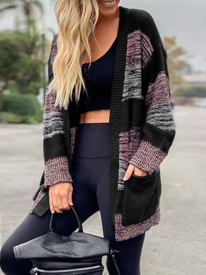 Striped Open Front Long Sleeve Cardigan with Pockets-Teresa's Fashionista LLC