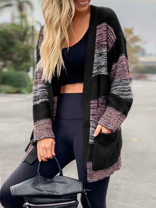 Striped Open Front Long Sleeve Cardigan with Pockets-Teresa's Fashionista LLC
