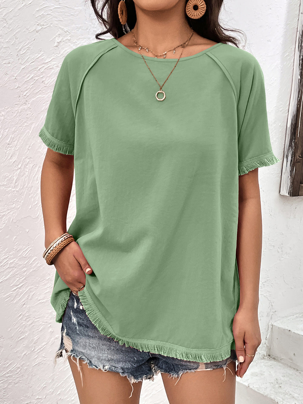 Round Neck Raglan Sleeve Fringe Detail Top-Teresa's Fashionista LLC