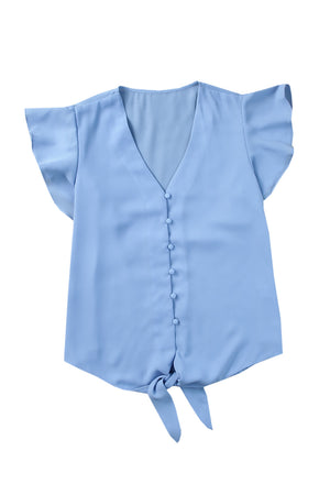 V-Neck Tie Hem Flutter Sleeve Blouse-Teresa's Fashionista LLC