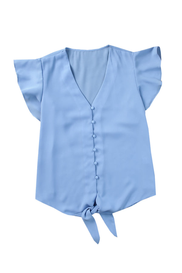 V-Neck Tie Hem Flutter Sleeve Blouse-Teresa's Fashionista LLC