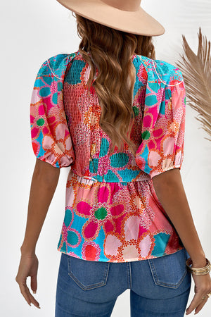 Printed V-Neck Babydoll Blouse-Teresa's Fashionista LLC