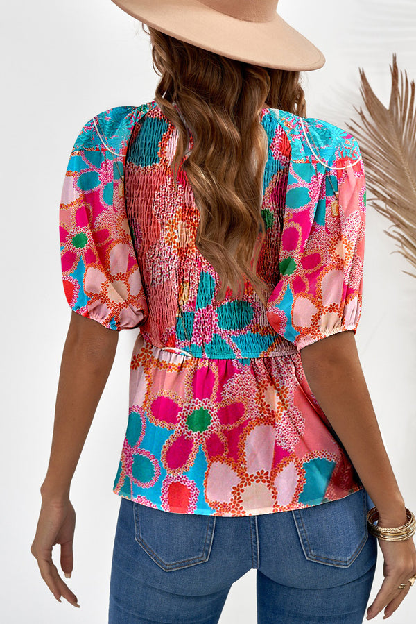 Printed V-Neck Babydoll Blouse-Teresa's Fashionista LLC