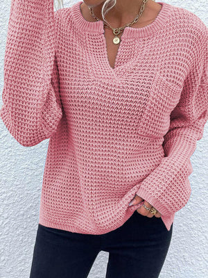 Notched Long Sleeve Sweater-Teresa's Fashionista LLC
