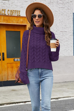 Turtleneck Cable-Knit Long Sleeve Sweater-Teresa's Fashionista LLC