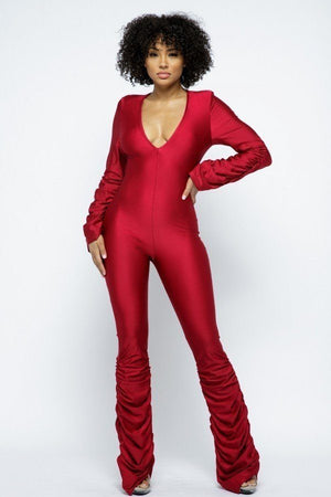 Yoga Shoulder Padded Ruched Stacked Jumpsuit-Teresa's Fashionista LLC