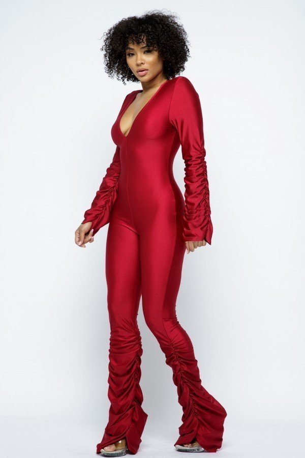 Yoga Shoulder Padded Ruched Stacked Jumpsuit-Teresa's Fashionista LLC