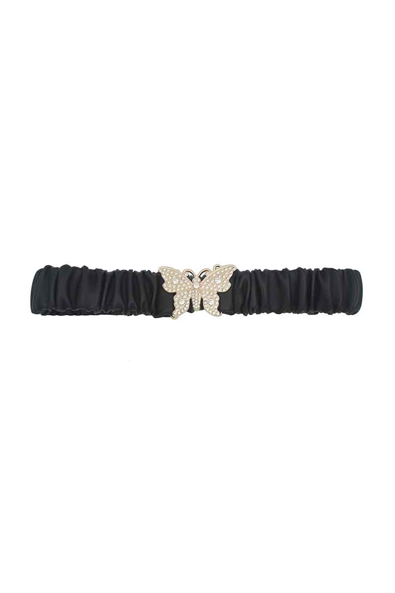 Rhinestone Pave Butterfly Ruched Elastic Back Belt-Teresa's Fashionista LLC