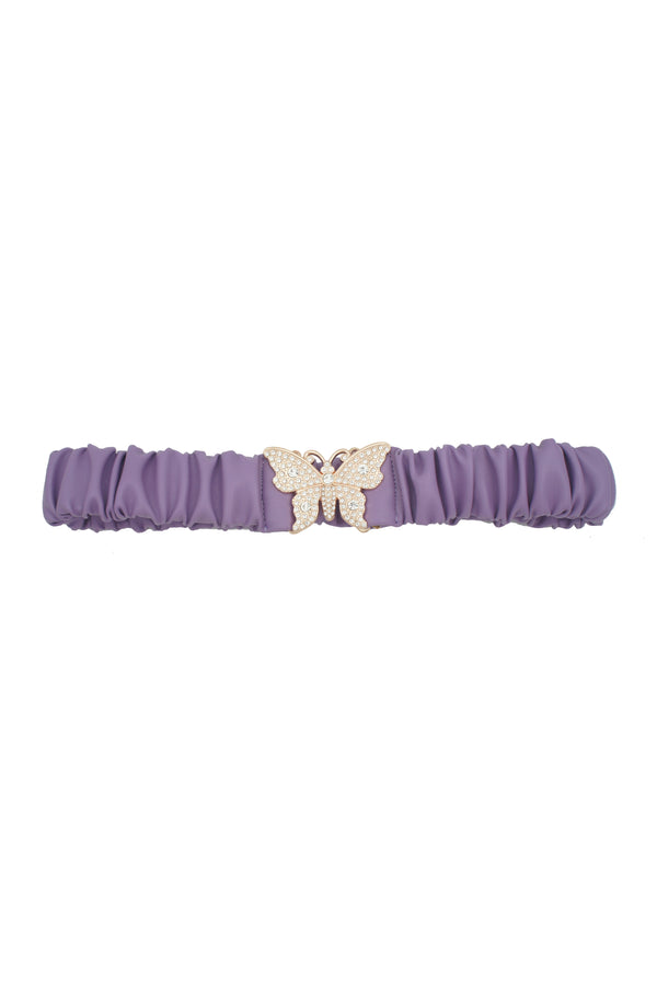 Rhinestone Pave Butterfly Ruched Elastic Back Belt-Teresa's Fashionista LLC