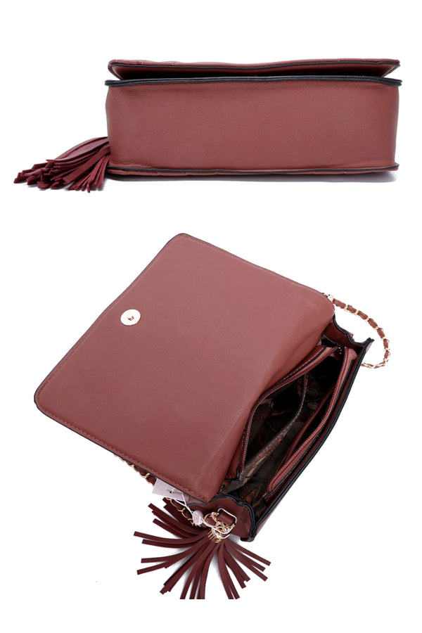 Fashion Double Metal Pattern Stitching Tassel Crossbody Bag-Teresa's Fashionista LLC