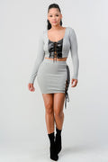 2 Piece Set With Cropped Long Sleeve Shirt With Pu Leather Detail Matching Mini Skirt-Teresa's Fashionista LLC