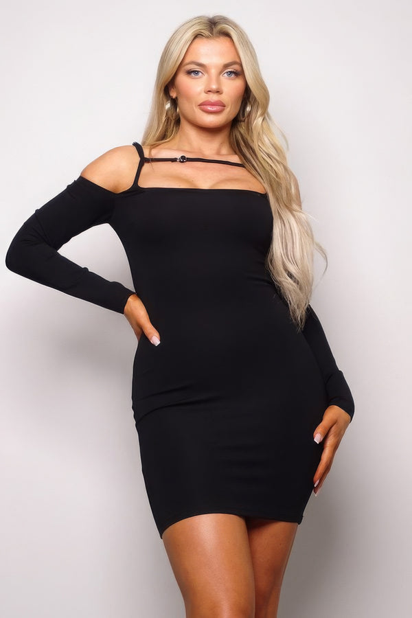 Long Sleeve Cuff Front Strap Mini Dress-Teresa's Fashionista LLC