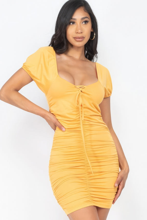 Front Lace Up Ruched Mini Dress-Teresa's Fashionista LLC