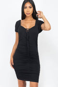 Front Lace Up Ruched Mini Dress-Teresa's Fashionista LLC