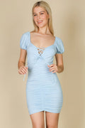 Front Lace Up Ruched Mini Dress-Teresa's Fashionista LLC