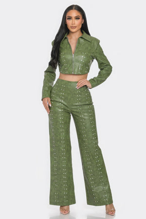 Faux Leather Set With Rhinestone Detail-Teresa's Fashionista LLC
