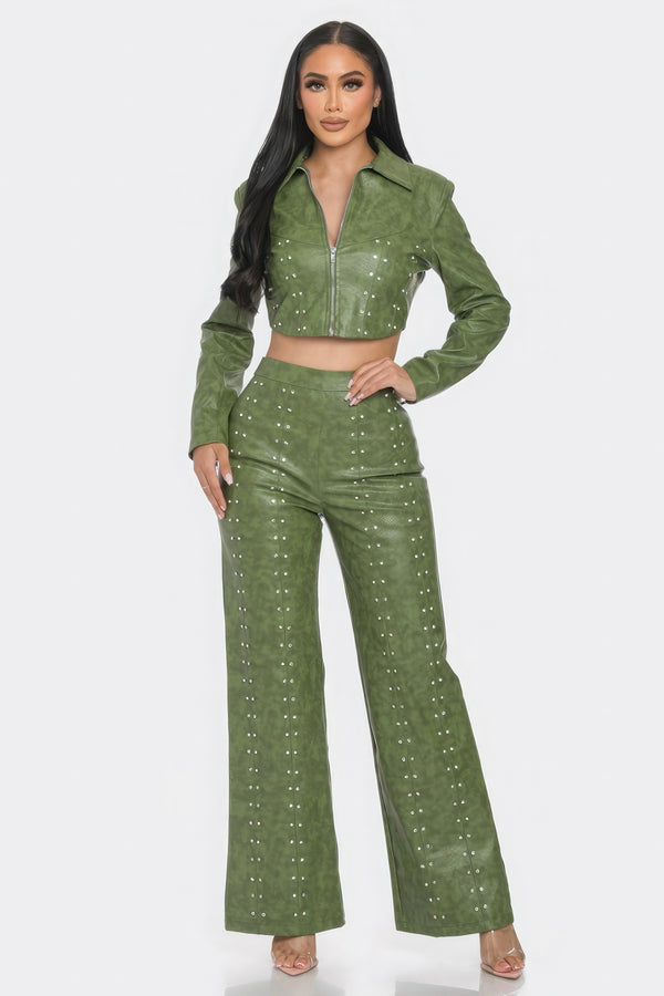 Faux Leather Set With Rhinestone Detail-Teresa's Fashionista LLC