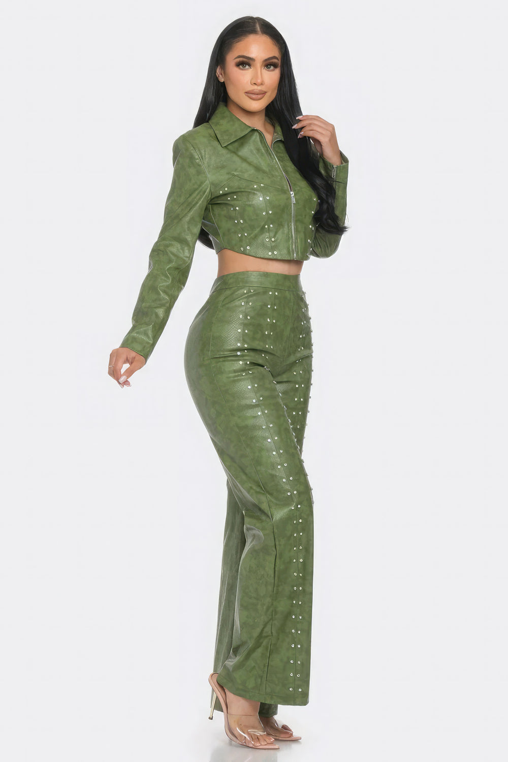 Faux Leather Set With Rhinestone Detail-Teresa's Fashionista LLC