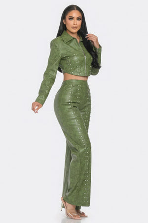 Faux Leather Set With Rhinestone Detail-Teresa's Fashionista LLC