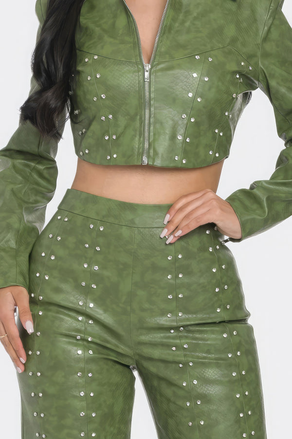Faux Leather Set With Rhinestone Detail-Teresa's Fashionista LLC