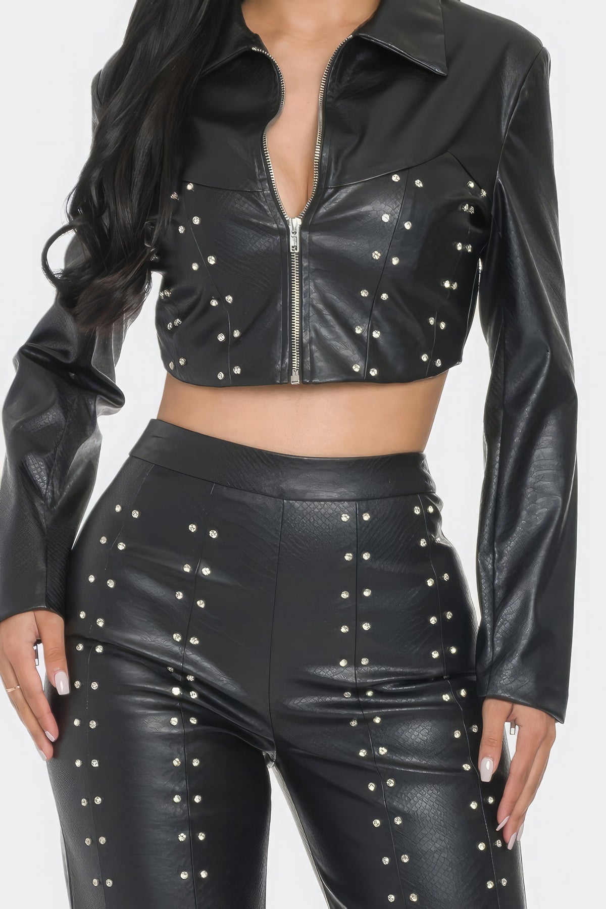 Faux Leather Set With Rhinestone Detail-Teresa&#39;s Fashionista LLC