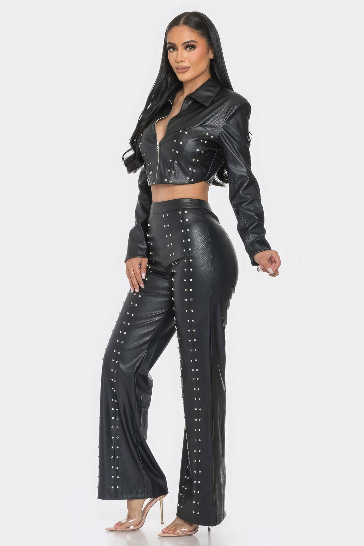 Faux Leather Set With Rhinestone Detail-Teresa&#39;s Fashionista LLC
