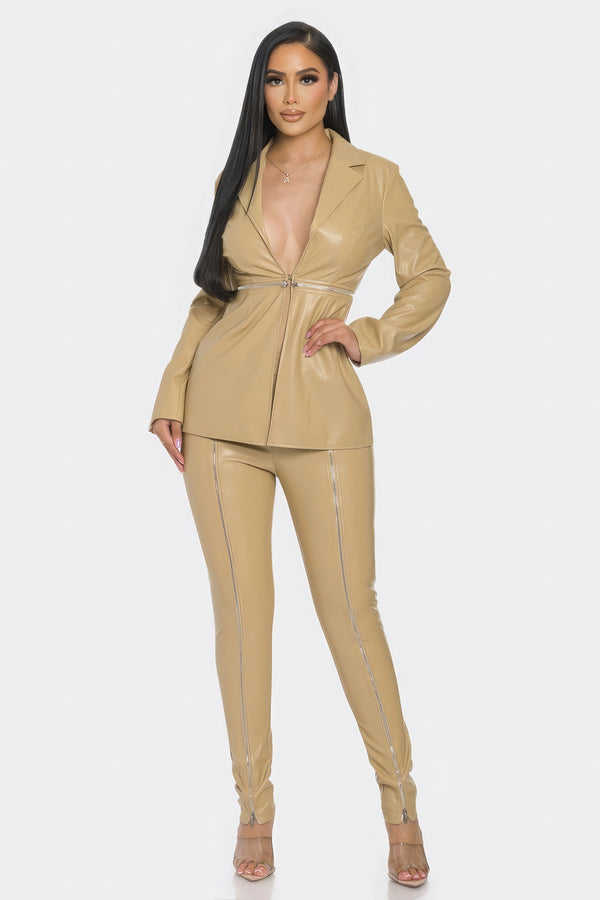 Pu Leather Zipper Pant Set-Teresa's Fashionista LLC