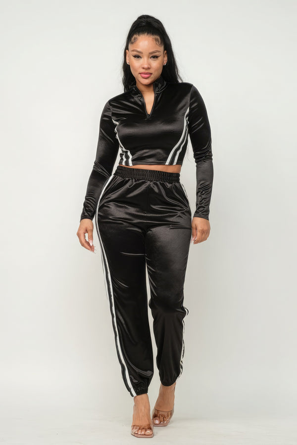 Front Zip Up Stripes Detail Jacket And Pants Set-Teresa's Fashionista LLC