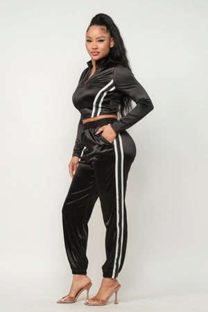 Front Zip Up Stripes Detail Jacket And Pants Set-Teresa's Fashionista LLC