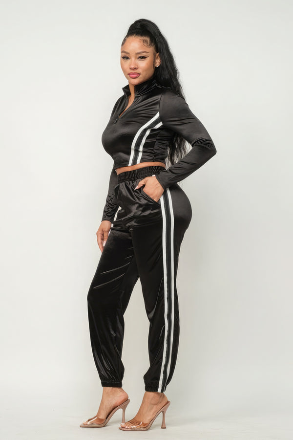 Front Zip Up Stripes Detail Jacket And Pants Set-Teresa's Fashionista LLC