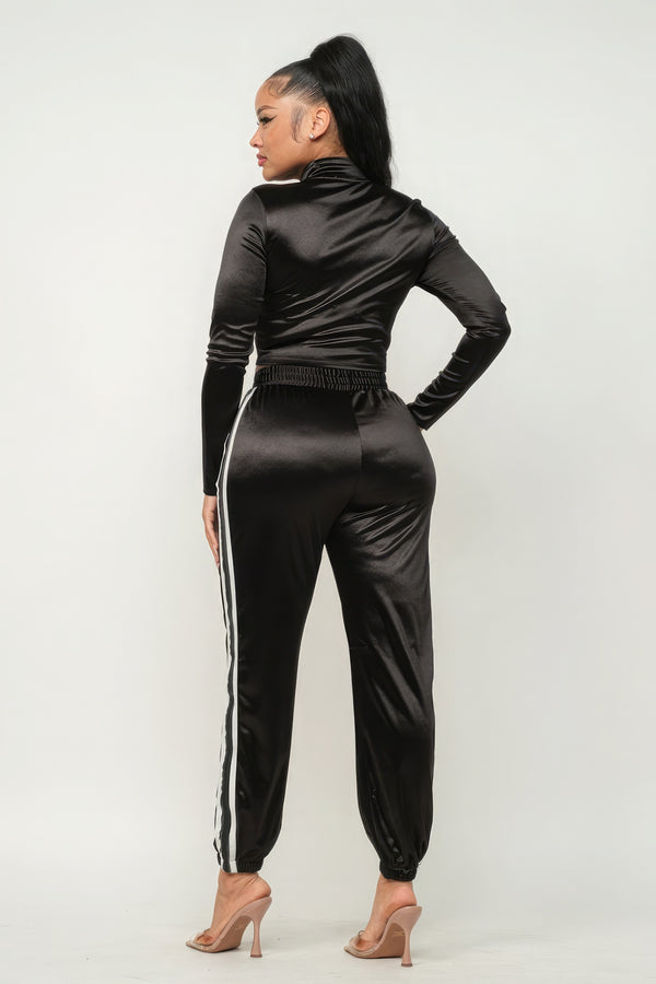 Front Zip Up Stripes Detail Jacket And Pants Set-Teresa's Fashionista LLC