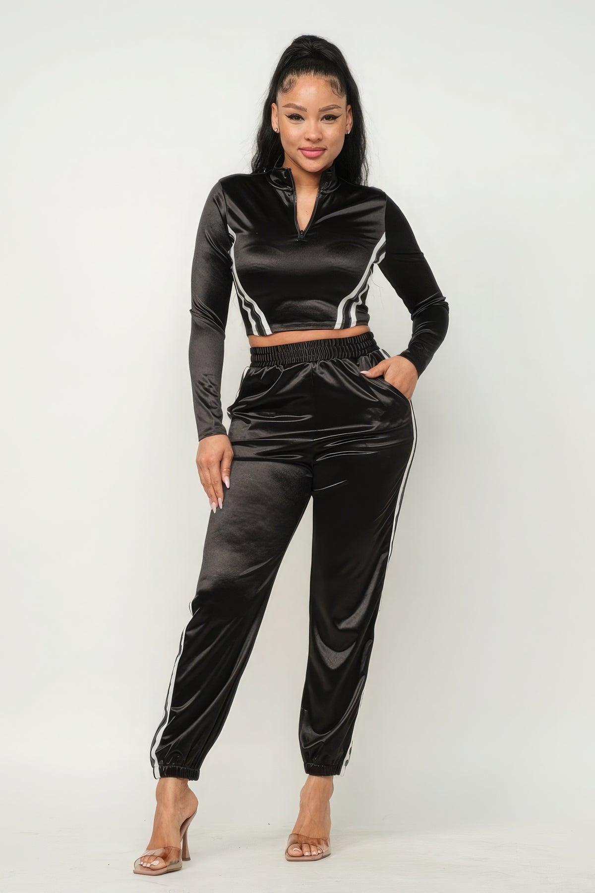 Front Zip Up Stripes Detail Jacket And Pants Set-Teresa&#39;s Fashionista LLC