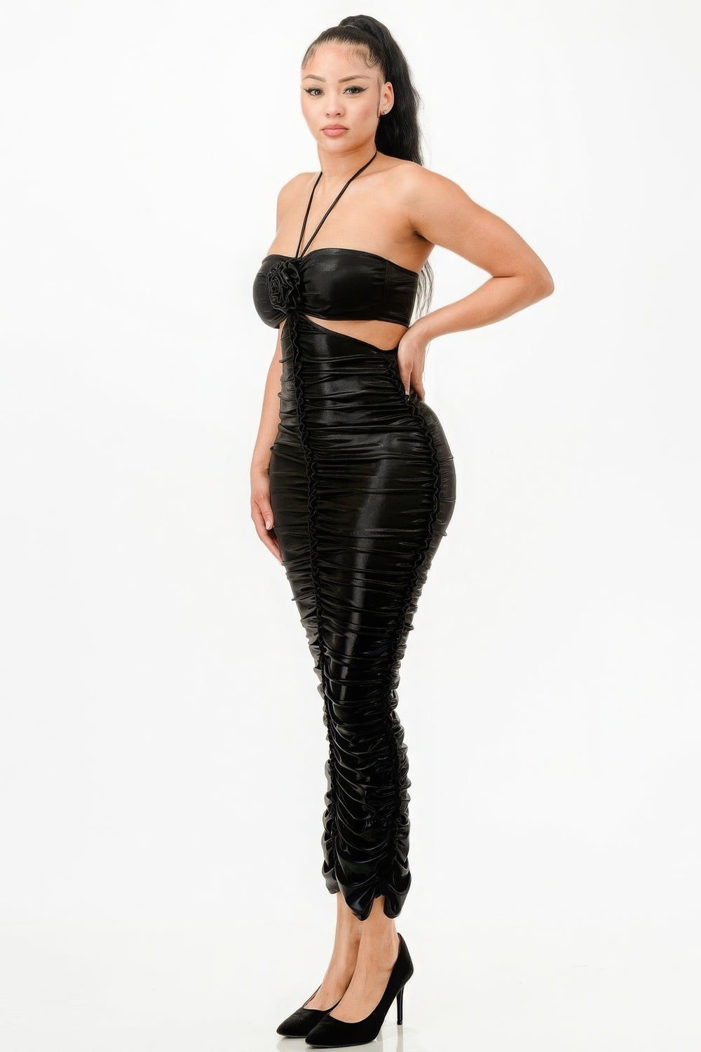 Metallic Rushed Halter Dress-Teresa's Fashionista LLC