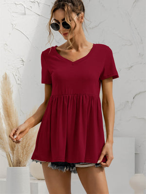 V-Neck Short Sleeve Babydoll Top-Teresa's Fashionista LLC