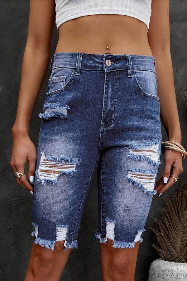 Distressed Frayed Hem Denim Bermuda Shorts-Teresa's Fashionista LLC