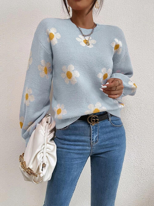 Flower Round Neck Latern Sleeve Sweater-Teresa&#39;s Fashionista LLC
