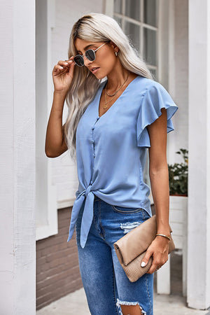 V-Neck Tie Hem Flutter Sleeve Blouse-Teresa's Fashionista LLC