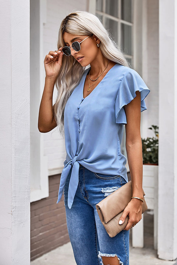 V-Neck Tie Hem Flutter Sleeve Blouse-Teresa's Fashionista LLC