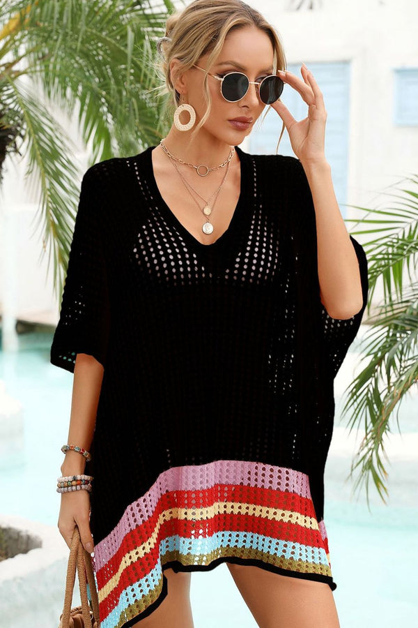 Rainbow Stripe Openwork Slit Cover-Up-Teresa's Fashionista LLC