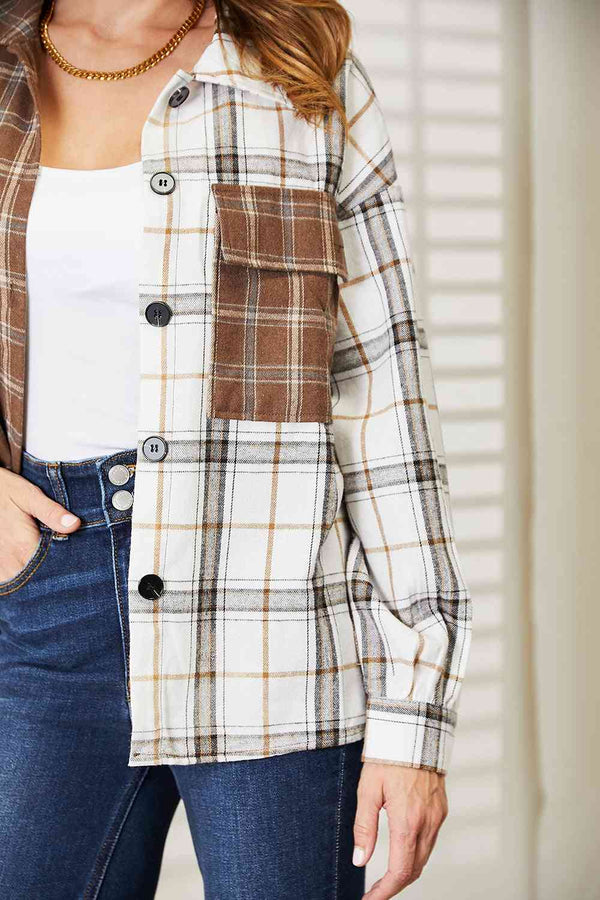 Double Take Plaid Contrast Button Up Shirt Jacket-Teresa's Fashionista LLC
