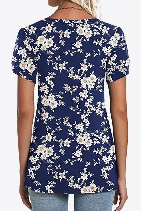 Printed Petal Sleeve V-Neck Blouse-Teresa's Fashionista LLC