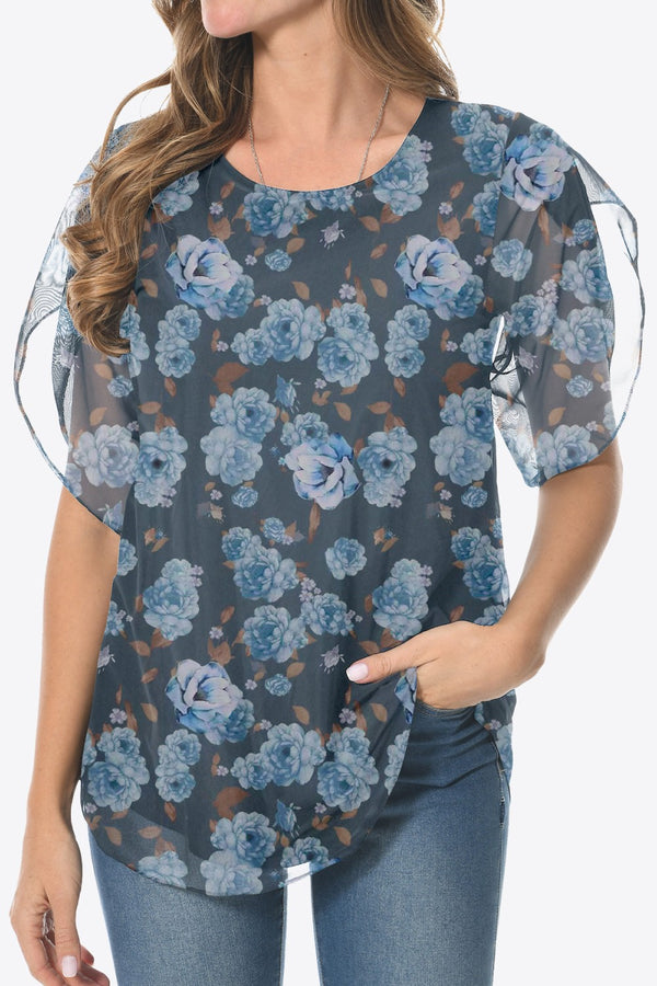 Printed Round Neck Curved Hem Blouse-Teresa's Fashionista LLC