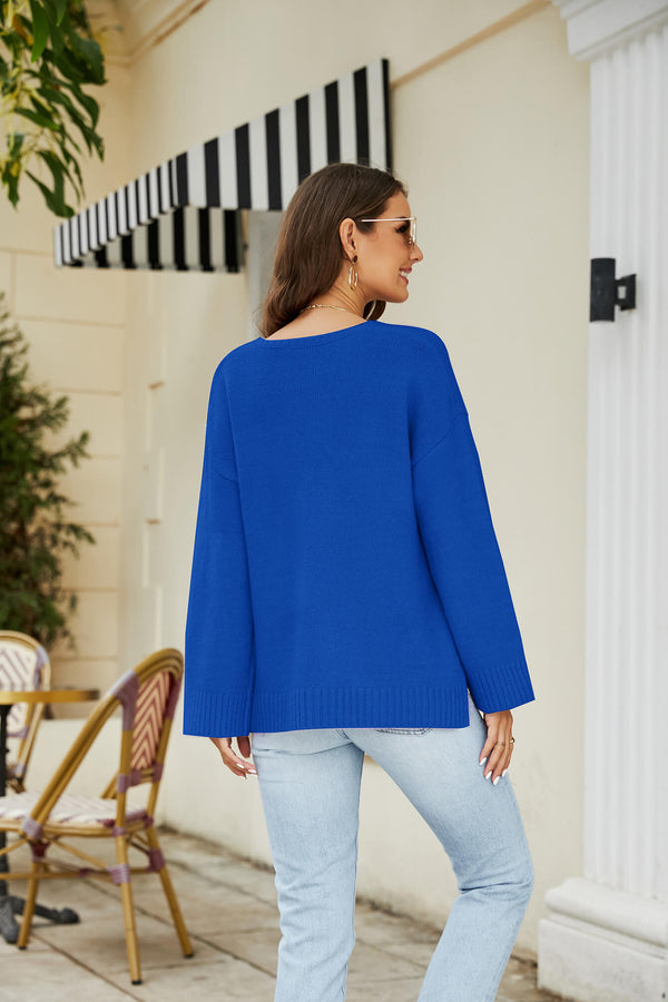 Drop Shoulder V-Neck Knit Pullover-Teresa's Fashionista LLC
