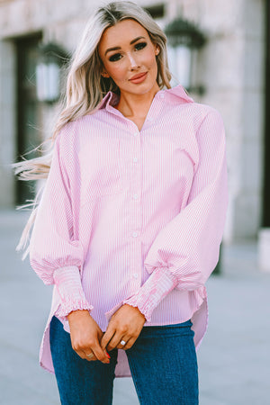 Striped Lantern Sleeve Collared Shirt-Teresa's Fashionista LLC