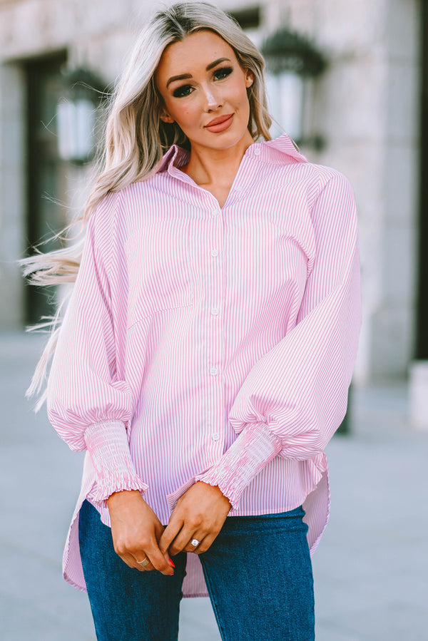 Striped Lantern Sleeve Collared Shirt-Teresa's Fashionista LLC