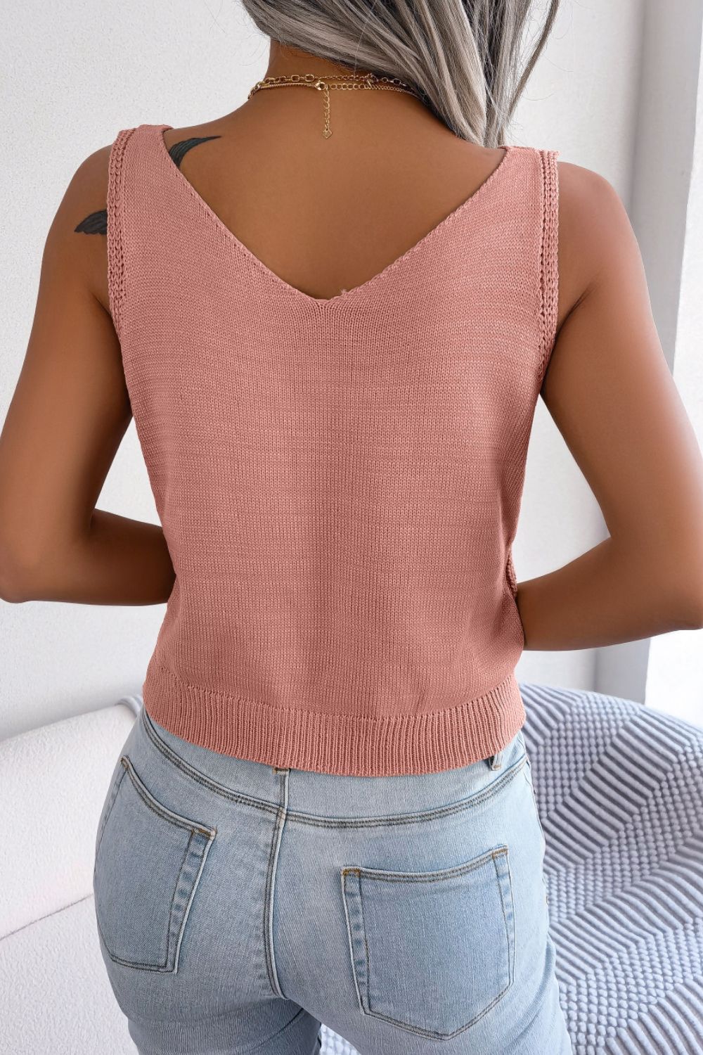 Decorative Button Mixed Knit Tank-Teresa's Fashionista LLC