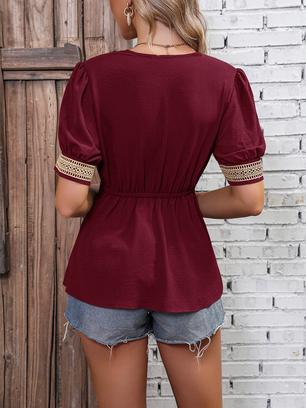 Contrast V-Neck Babydoll Top-Teresa's Fashionista LLC